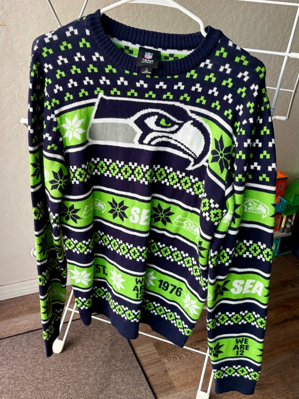 NFL Seattle Seahawks Navy and Neon Green Knit Crewneck Sweater